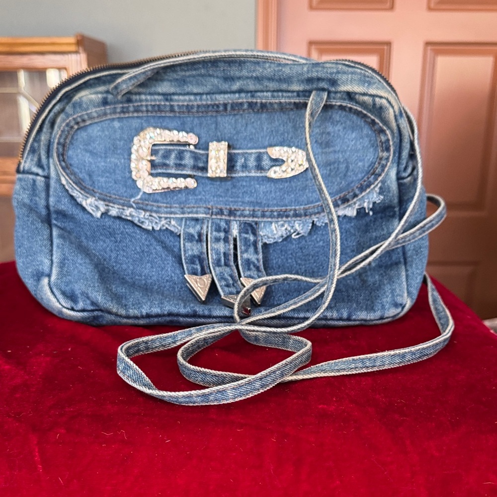 Denim Shoulder Bag with Embellished Buckle